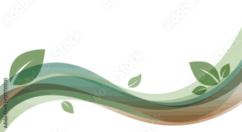 Green leaves and wavy lines in shades of green and brown on a white background design