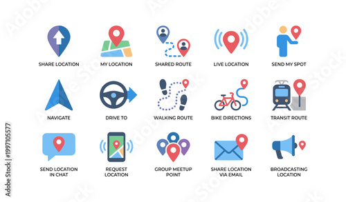 Location and navigation icons illustrating map and routes