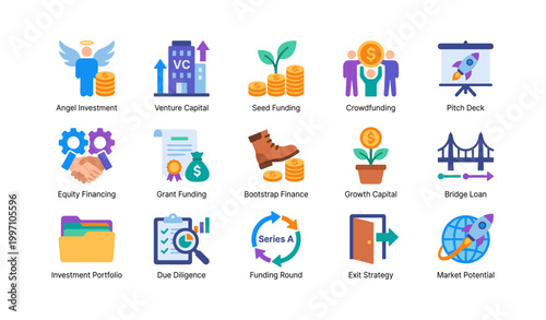 Finance and funding icons showing investment concepts in grid layout
