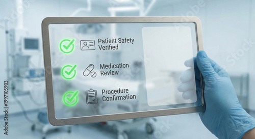 Medical checklist hospital tablet patient safety nurse gloved hand medical checklist tablet for patient safety and procedure