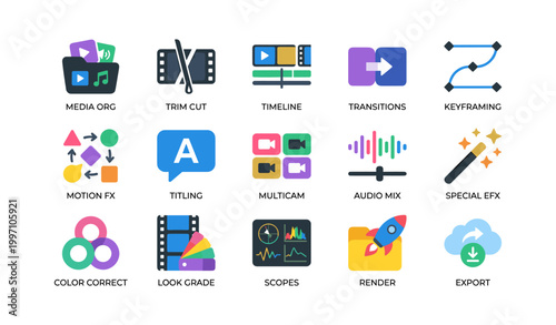 Video editing icons illustrating timeline tools and export functions