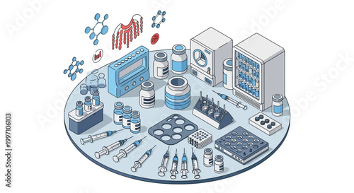 A comprehensive collection of scientific laboratory equipment and medical supplies arranged on a circular platform, illustrating research and development in pharmaceuticals and biotechnology.