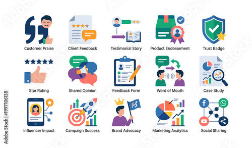 Set of customer feedback and marketing icons on white background