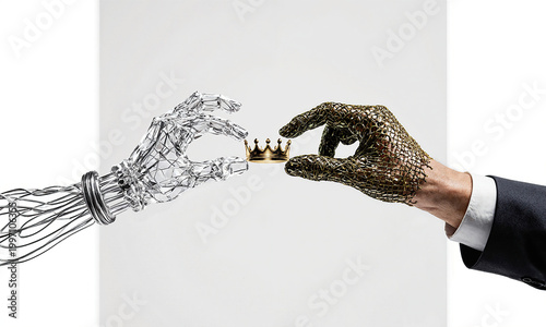 Quiet Negotiation Portrait Two opposing hands, crystalline wire and organic mesh, extend the king between them in centered medium shot