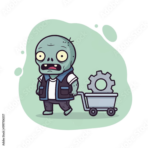 Cartoon zombie pushing wheelbarrow with gear.