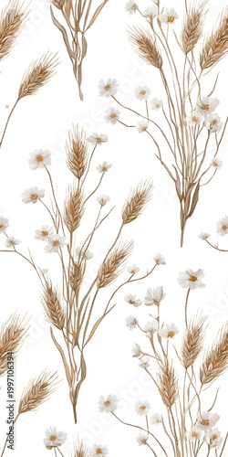Seamless wheat and white flower botanical pattern in soft neutral tones for textile and natural inspired design