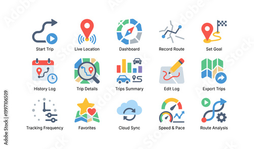 Trip tracking icons arranged in a grid on white background