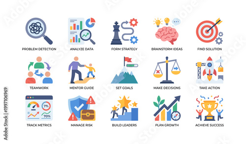 Business icons showing strategy planning and teamwork concepts