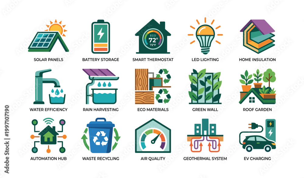 Fototapeta premium Set of home sustainability and energy icons on white background
