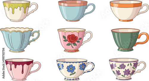 Vintage Teacup Illustration Set Featuring Floral Ceramic Cups, Elegant Retro Drinkware and Decorative Coffee Tea Mugs for Classic Kitchen and Cafe Design.