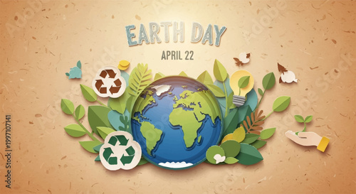 Paper craft Earth Day composition with globe and recycling symbols on textured cardboard background