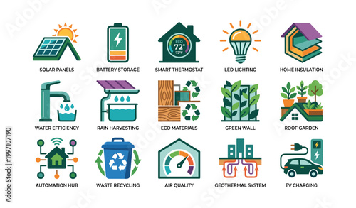 Set of home sustainability and energy icons on white background