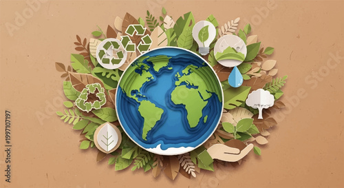 Layered paper cut style Earth Day illustration featuring global ecosystem icons on kraft paper