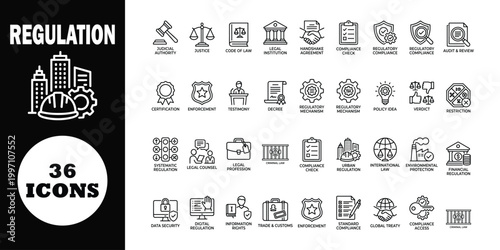 Regulation set, 36 black and white line on white and black background, line business