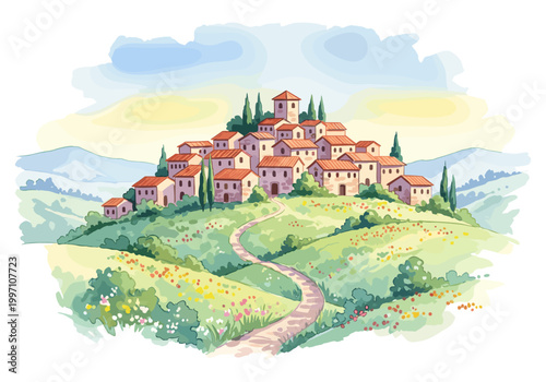 Watercolor painting of a charming Italian village nestled on a rolling green hill