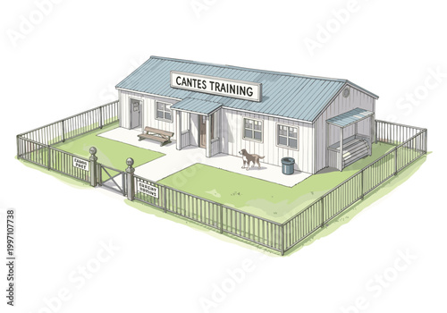 Illustration of a dog training facility with a fenced yard and a single dog