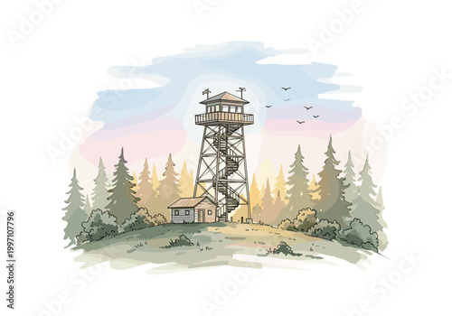 Vintage fire lookout tower stands tall amidst a serene forest landscape at dawn