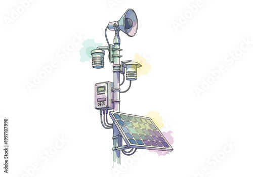Automated weather station with solar panel and siren on a pole