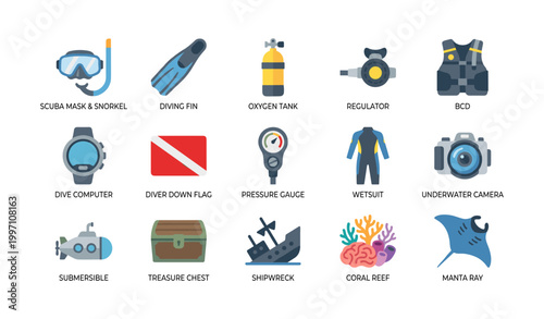 Scuba diving equipment icons arranged in grid on white background
