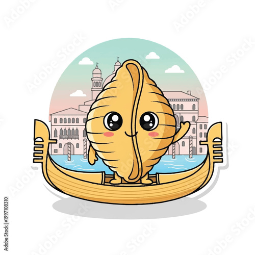 Cute Conchiglie Pasta Character Riding a Gondola.