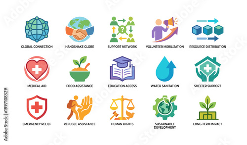 Humanitarian aid and support icons arranged in white grid