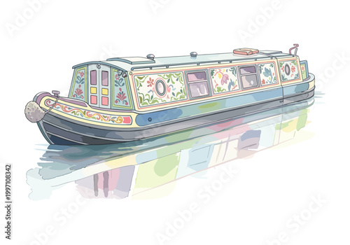 Colorful narrowboat with traditional floral art floating on calm water