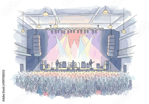 Live concert performance with band on stage and enthusiastic audience watching