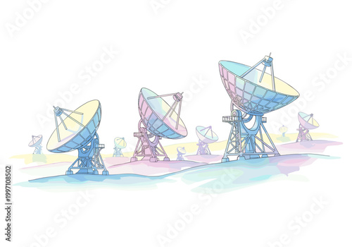 Array of colorful satellite dishes on a pastel landscape under a white sky