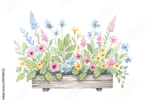 Watercolor illustration of a wooden planter box filled with colorful spring flowers