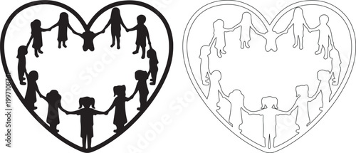 Children Holding Hands in Heart Shape Silhouette and Outline Vector Set