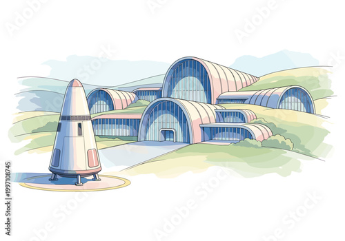 Futuristic spaceport with a rocket capsule and modern arched buildings