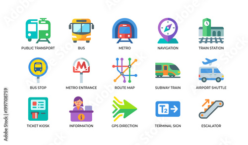 Public transport icons showing buses trains and airport signs on white