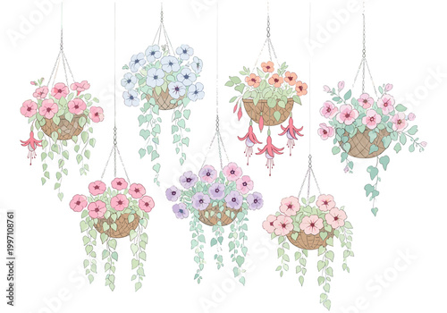 Collection of charming hanging baskets overflowing with colorful flowers and trailing vines