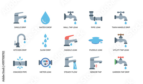 Plumbing leak icons showing taps pipes and water drops on white