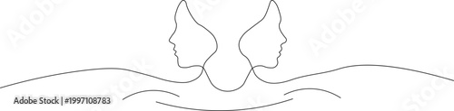 A minimalist line drawing of two faces in profile emerging from wavy lines