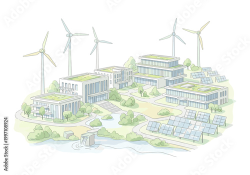 Modern eco-friendly city district with renewable energy sources and green buildings