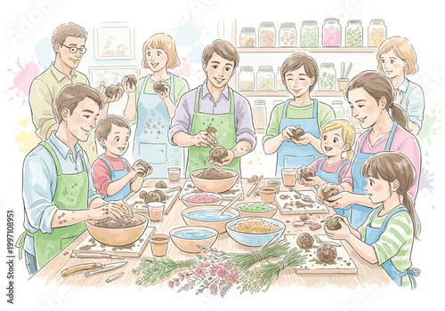 Diverse families joyfully engage in hands-on pottery class, creating art together