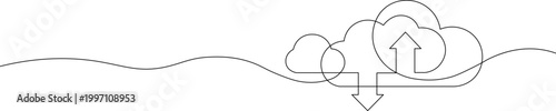 A simple line drawing of a cloud with arrows pointing up and down on a wavy background