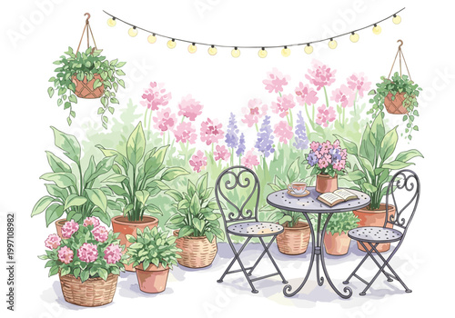 Charming garden patio with blooming flowers and a cozy seating area