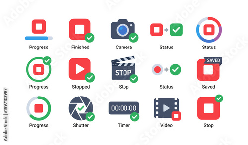 Playback and progress icons showing status controls on white