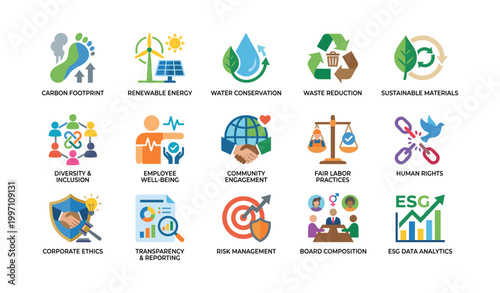 Sustainability and social responsibility icons showing esg topics