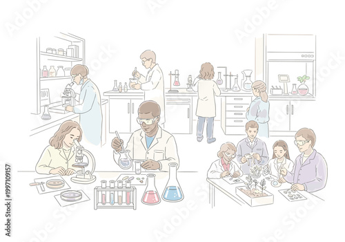 Diverse group of scientists conducting experiments and research in a modern laboratory setting