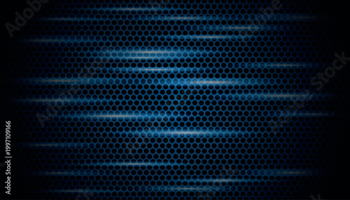 Dark background with modern blue carbon fiber texture. Steel mesh concept with futuristic light speed effect. Vector illustration of web design template. Vector EPS. 3