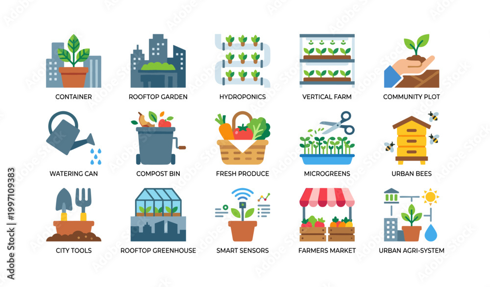Fototapeta premium Urban agriculture icons illustrating gardening methods and tools