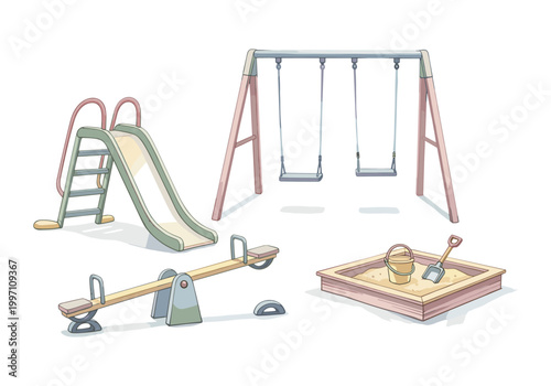 Children's playground equipment including a slide, swings, seesaw, and sandbox