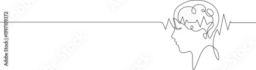 A minimalist line drawing of a human head with a brain and an ECG heartbeat line