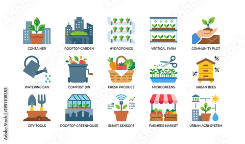 Urban agriculture icons illustrating gardening methods and tools