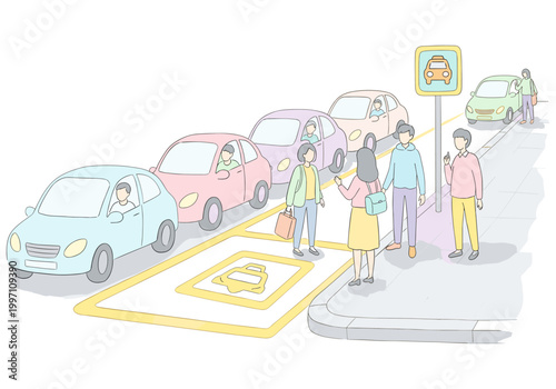 People waiting for a taxi in a busy city street with cars in traffic