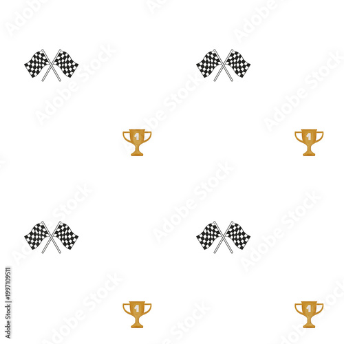 Seamless pattern with a winner cup, formula flags. Children's illustration for cover, wallpaper, kids design.