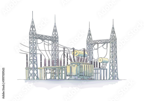 Electrical substation with large transformer and power lines on white background